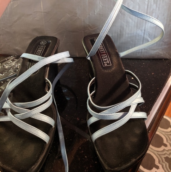 Street Feet strap tie up light blue satin wedge - Picture 2 of 4